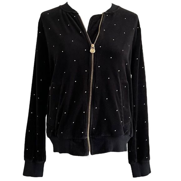 Michael Kors Black Velour Rhinestone Bomber Jacket  Large Black and gold - Picture 6 of 11